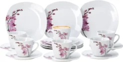 Kaffeeservice 18-tlg. Kyoto Orchidee Leicht Eckig Porzellan Für 6 Personen Weiß MitNachbildung