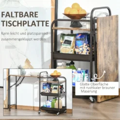 HOMCOM Küchenwagen Küchenrollwagen Servierwagen Mit 1 Klappbaren Tischplatte 2 Tabletts Und 1 Offenes Regal Rollen Verstellbare Fußpolster E1-Spanplatte Metall Rustikal-Braun 118 X 36,5 X 82 Cm -Küchenzauber Günstiges Geschäft 115ed4e61d278065a589d9cc2affc819