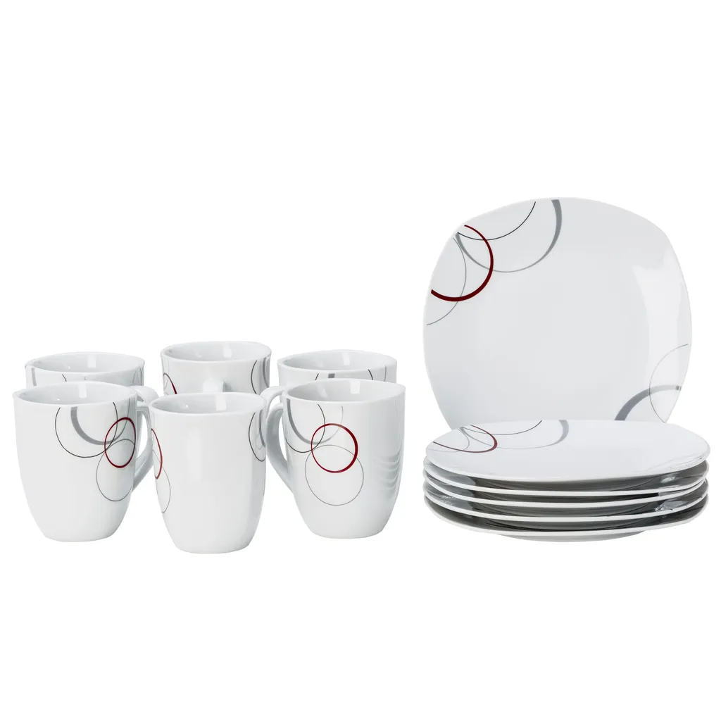 Frühstücksset Palazzo 12tlg. - 6 Teller á 19cm Und 6 Becher á 33cl Aus Weißem Porzellan MitNachbildung-Kreisen In Grau Und Dunkelrot - Für 6 Personen 2 Frühstücksset Palazzo 12tlg. - 6 Teller á 19cm Und 6 Becher á 33cl Aus Weißem Porzellan MitNachbildung-Kreisen In Grau Und Dunkelrot - Für 6 Personen – Bild 2