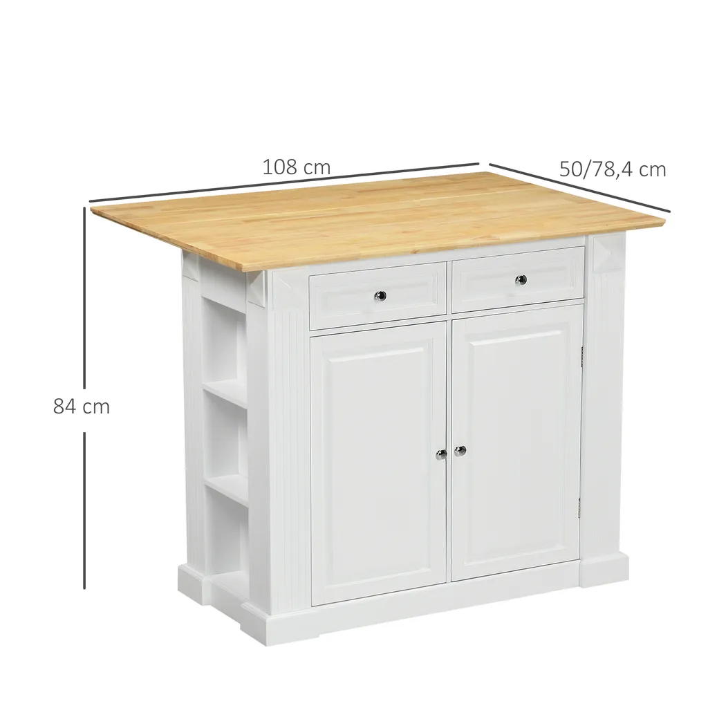 HOMCOM Kücheninsel, Sideboard Mit Erweiterbarer Arbeitsfläche, Küchenschrank Mit Schubladen, Gewürzregalen, Servierwagen Aus Holz Für Küche, Weiß, 108 X 78,4 X 84 Cm 3 HOMCOM Kücheninsel, Sideboard Mit Erweiterbarer Arbeitsfläche, Küchenschrank Mit Schubladen, Gewürzregalen, Servierwagen Aus Holz Für Küche, Weiß, 108 X 78,4 X 84 Cm – Bild 3