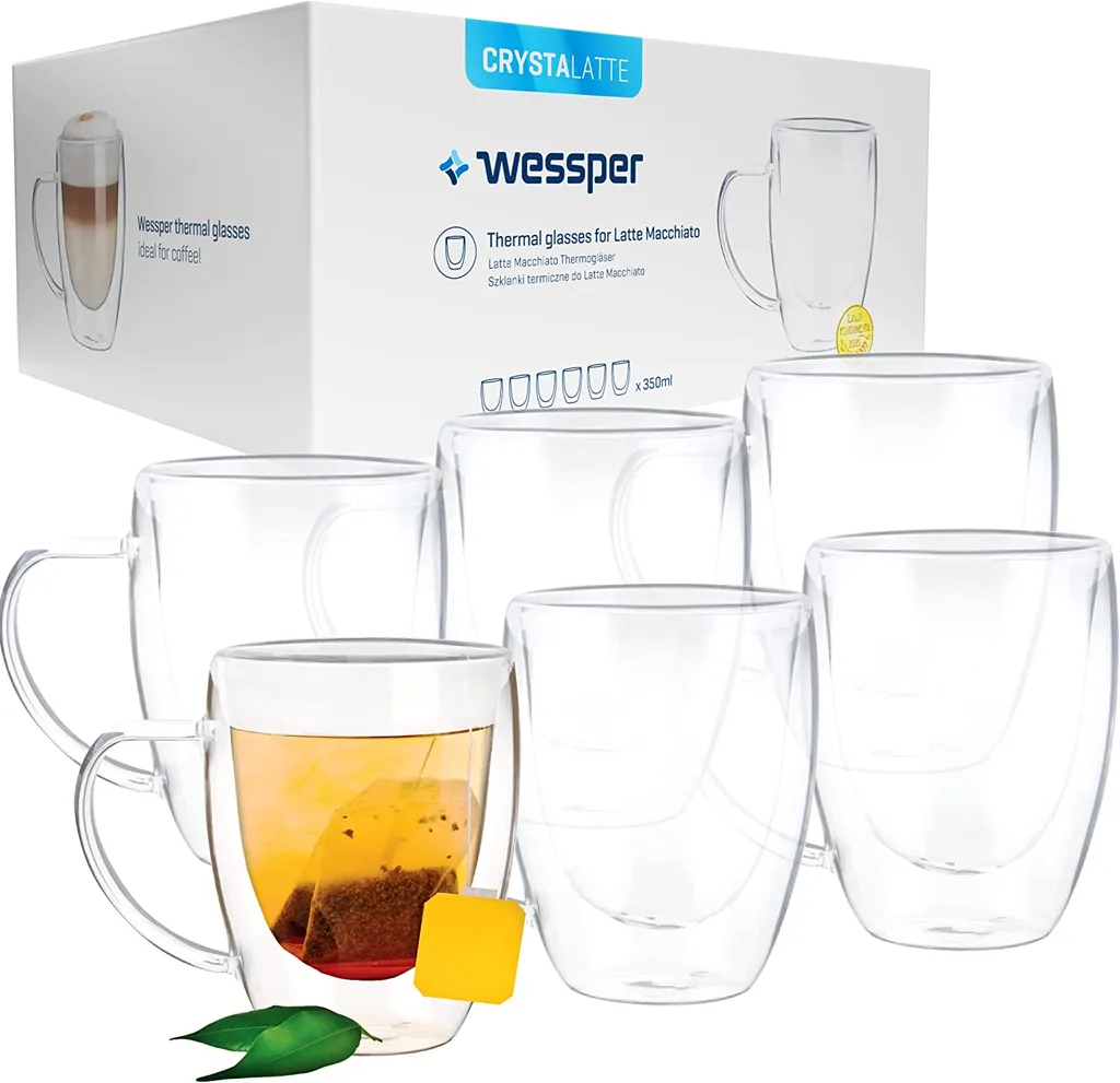 Wessper Doppelwandig Kaffeegläser Mit Henkel, 6 Stück X 350 Ml, Großes Hitzebeständiges Doppelwandglas, Thermogläser, Kaffeegläser Temperaturbeständig Mokkatassen, Teegläser, Latte Machiatto Gläser 1 Wessper Doppelwandig Kaffeegläser Mit Henkel, 6 Stück X 350 Ml, Großes Hitzebeständiges Doppelwandglas, Thermogläser, Kaffeegläser Temperaturbeständig Mokkatassen, Teegläser, Latte Machiatto Gläser
