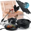 KESSER® Dutch Oven Set In Holzkiste Mit Dutch Oven Mit Viel Zubehör - Gusseisen - Bereits Eingebrannt Mit Kochtopf Grillplatte Pfanne Deckelheber Inkl. Rezeptbuch Handschuhe, Farbe:12-Teilig