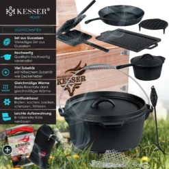 KESSER® Dutch Oven Set In Holzkiste Mit Dutch Oven Mit Viel Zubehör - Gusseisen - Bereits Eingebrannt Mit Kochtopf Grillplatte Pfanne Deckelheber Inkl. Rezeptbuch Handschuhe, Farbe:12-Teilig -Küchenzauber Günstiges Geschäft 38df38343abbbd4d0400d305fbafd466