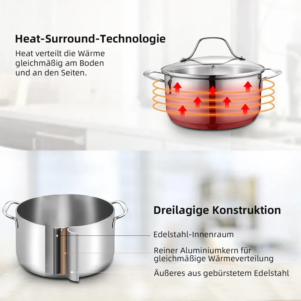Topf-Set Topfset Induktion 10-teilig Edelstahl Kochtopf Set Mit Glasdeckel Edelstahl 18/10, Unbeschichtet Für Gas, Elektro, Halogen, Induktionsherde 2 Topf-Set Topfset Induktion 10-teilig Edelstahl Kochtopf Set Mit Glasdeckel Edelstahl 18/10, Unbeschichtet Für Gas, Elektro, Halogen, Induktionsherde – Bild 2
