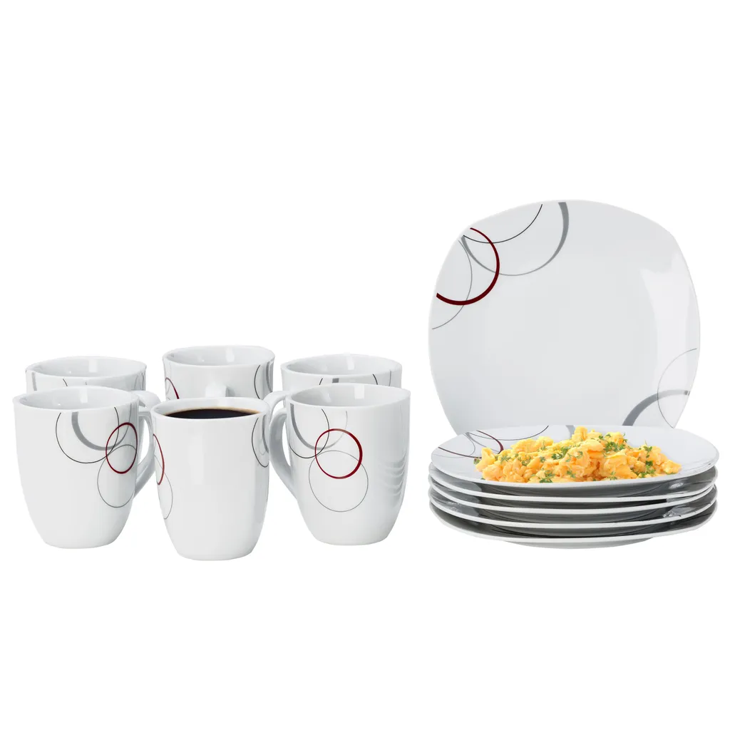 Frühstücksset Palazzo 12tlg. - 6 Teller á 19cm Und 6 Becher á 33cl Aus Weißem Porzellan MitNachbildung-Kreisen In Grau Und Dunkelrot - Für 6 Personen 1 Frühstücksset Palazzo 12tlg. - 6 Teller á 19cm Und 6 Becher á 33cl Aus Weißem Porzellan MitNachbildung-Kreisen In Grau Und Dunkelrot - Für 6 Personen