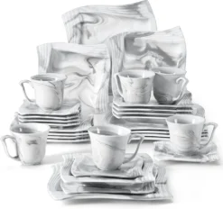 MALACASA, AMPARO 30 Tlg. Marmor Porzellan Geschirrset Kombiservice Tafelservice Mit Kaffeetassen, Unterteller, Dessertteller, Suppenteller, Speiseteller Für 6 Personen