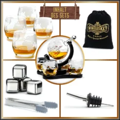 Whisiskey - Whisky Karaffe - Geschenke Für Männer - Komplette Whiskey Set - Globus - 900ML – Inkl. 4 Whisky Steine, 4 Whisky Gläser & Ausgießer - Whisky Dekanter – Whiskygläser - Natursteine -Küchenzauber Günstiges Geschäft 5925e7c4ae6b11b2dd1ff824ec6d6a7b
