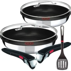 Tefal Pfannenset INGENIO 24/28cm L94092 + 2 X Jamie Oliver Glasdeckel 24/28cm + 2 Griffe + Ingenio Pfannenwender