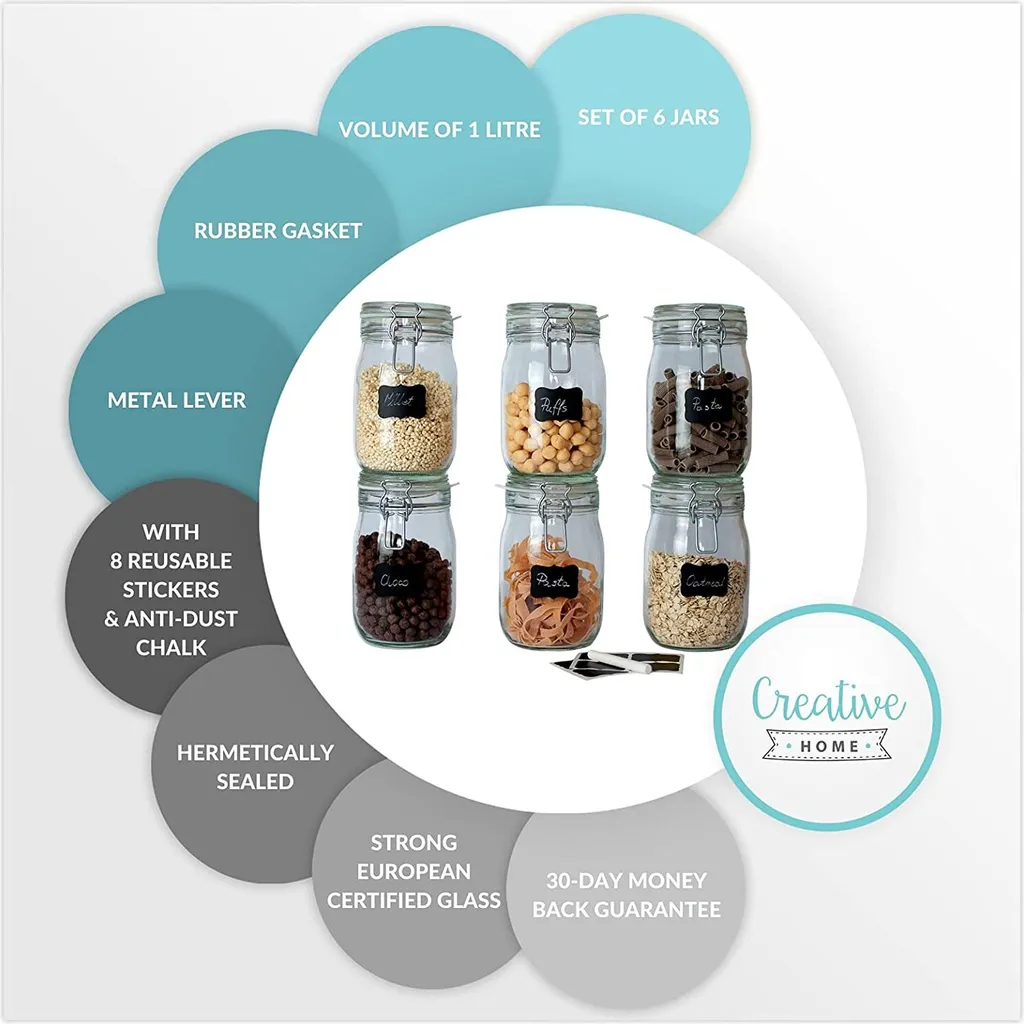 6 X Creative Home Gläser Mit Bügelverschluss | 1 Liter | Einmachgläser Drahtbügel-glas Aufbewahrungsgläser Mit Gummiring Und Deckel | 8 Wiederverwendbare Aufkleber + 1 Anti-Staub-Kreide 5 6 X Creative Home Gläser Mit Bügelverschluss | 1 Liter | Einmachgläser Drahtbügel-glas Aufbewahrungsgläser Mit Gummiring Und Deckel | 8 Wiederverwendbare Aufkleber + 1 Anti-Staub-Kreide – Bild 5