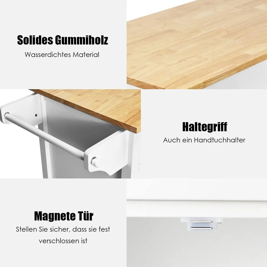 COSTWAY Rollende Kücheninsel Aus Gummiholz, Küchenwagen Mit Handtuchhalter & Verstellbarem Regal & Schubladen, Servierwagen Mit Arbeitsplatte Für Küche, Esszimmer & Bar (Weiß) 6 COSTWAY Rollende Kücheninsel Aus Gummiholz, Küchenwagen Mit Handtuchhalter & Verstellbarem Regal & Schubladen, Servierwagen Mit Arbeitsplatte Für Küche, Esszimmer & Bar (Weiß) – Bild 6
