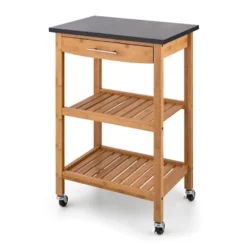 Klarstein Tennessee Servierwagen - Küchenwagen , Rollwagen , 3 Etagen , 2 Ablageflächen , Herausnehmbare Schublade , Schwarze Granitarbeitsfläche , Sichere Feststellbremsen , Bambusholz , Braun -Küchenzauber Günstiges Geschäft 70d522b5d1b03d94cd4d9143f529a8f3