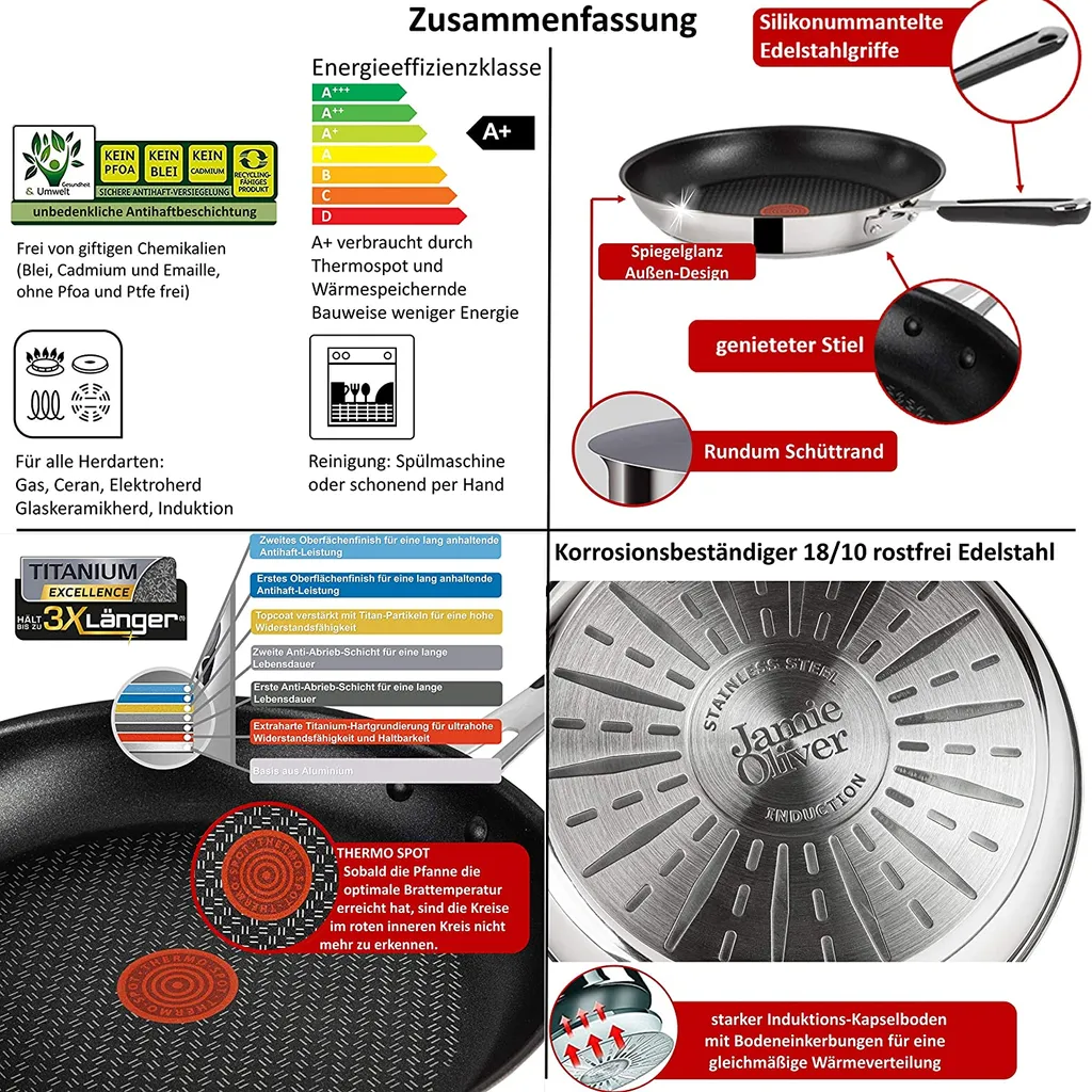 Tefal J90929 Jamie Oliver Pfannenset Induktion 4 TLG, Set Angebot, Pfanne 28 Cm + Pfanne 24 Cm, Edelstahl 4 Tefal J90929 Jamie Oliver Pfannenset Induktion 4 TLG, Set Angebot, Pfanne 28 Cm + Pfanne 24 Cm, Edelstahl – Bild 4
