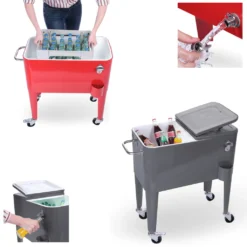 Kühlwagen, Servierwagen Outdoor Mit Großer Kühlbox, Getränkekühler Beistellwagen Für Garten, Rollbarer Party Kühlwagen Im Retro-Look – 57l, Farbe:anthrazit