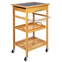 ONVAYA Küchenwagen Kyoto Auf Rollen, Küchenrollwagen Aus Bambus Mit Arbeitsplatte Schwarz Aus Stein, Praktischer Beistellwagen Für Die Küche Inkl. Schubladen