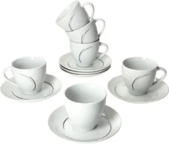 Van Well 18tlg. Kaffee-Service Home Für 6 Personen I 6x Tasse 180ml, 6x Untertasse + 6x Kuchenteller I Porzellan-Geschirr Mit Streifen In Grau, Schwarz & Creme I Kaffeepott, Dessert-Teller -Küchenzauber Günstiges Geschäft caf512b146906008b2f9a9747a800b61
