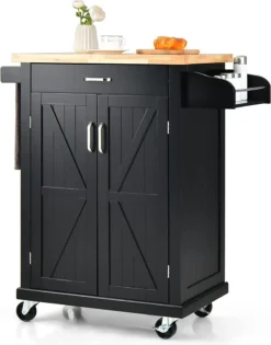 COSTWAY Küchenwagen Auf Rollen, Servierwagen Mit Arbeitsplatte & Handtuchhalter & Schublade & Gewürzregal, Kücheninsel Holz, Küchenschrank Rollbar, Für Küche, Esszimmer Und Bar (Schwarz)