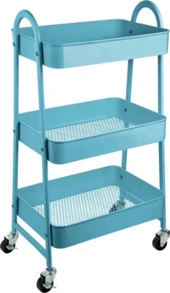 ONVAYA® Servierwagen Silvio | Beistellwagen | Blau | 30,5 X 45 X 77 Cm | 3 Fächer | Multifunktionswagen | Transportwagen | Allzweckwagen | Küchentrolley | Nischenregal