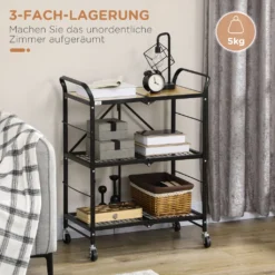 HOMCOM Rollwagen, Klappbarer Küchenwagen, Servierwagen Mit 3 Ebenen, Griff, Küchenregal Auf 4 Rollen Für Esszimmer, Wohnzimmer, Stahl, Braun+Schwarz, 68 X 35 X 85 Cm -Küchenzauber Günstiges Geschäft d0d474cf946109cedb6f0e01162203a2