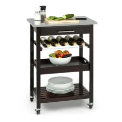 Klarstein Vermont - Küchenwagen, Servierwagen, Küchenrollwagen, 4 Etagen, DREI Ablagen, Herausnehmbare Schublade, Flaschenablage, Edelstahl-Arbeitsplatte, Echtholz, Rollen, Dunkelbraun