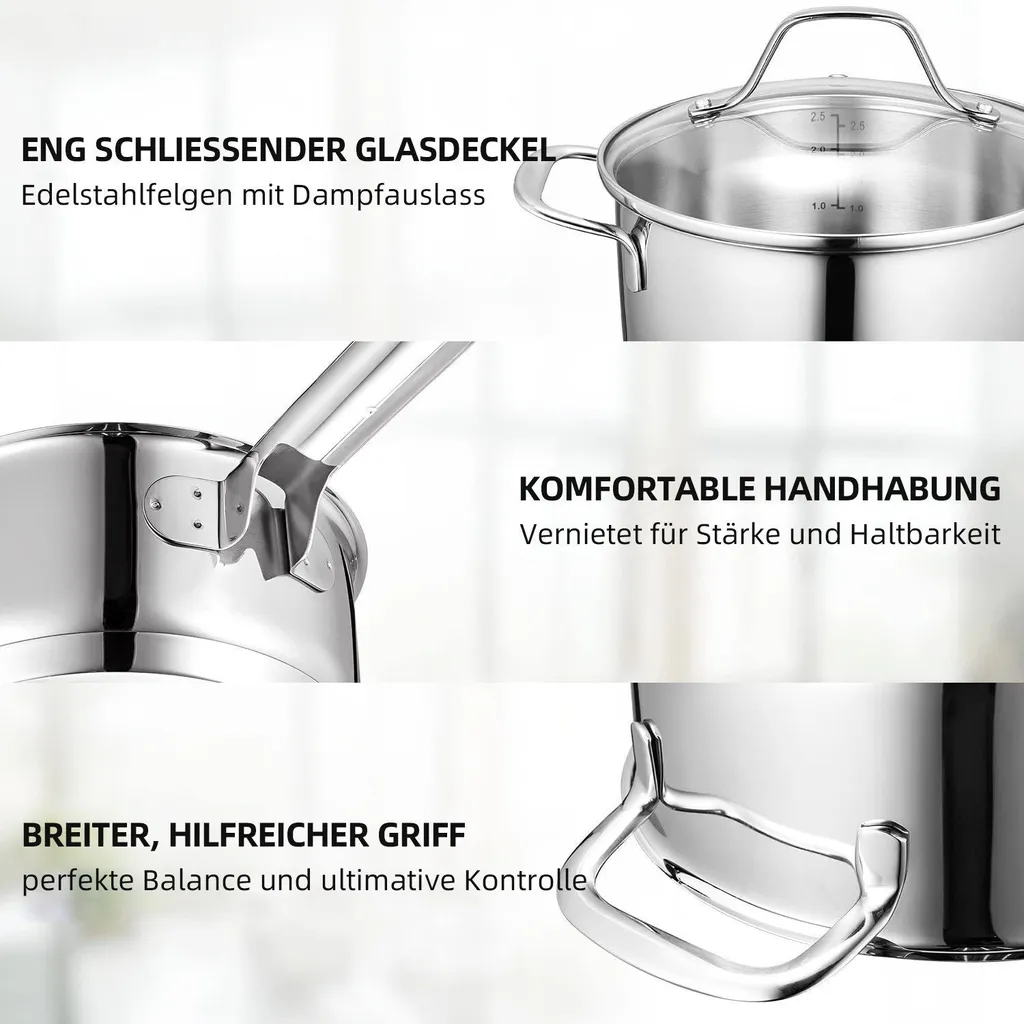 Topf-Set Topfset Induktion 10-teilig Edelstahl Kochtopf Set Mit Glasdeckel Edelstahl 18/10, Unbeschichtet Für Gas, Elektro, Halogen, Induktionsherde 4 Topf-Set Topfset Induktion 10-teilig Edelstahl Kochtopf Set Mit Glasdeckel Edelstahl 18/10, Unbeschichtet Für Gas, Elektro, Halogen, Induktionsherde – Bild 4