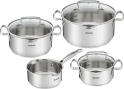TEFAL DUETTO+ 7-Teiliges Topf-Set: Stielkasserole 16 Cm, Kochtopf 16/20/24 + Deckel; Hochwertiger Rostfreier Edelstahl; Glasdeckel Mit Abgießfunktion; Induktionsgeeignet; G719S7